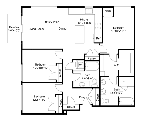 Floor plan for 3 beds, 2 baths, 1430 sqft